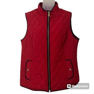 Charter Club Womens XL Petite Quilted Vest Red Black Trim Full Zip Pockets